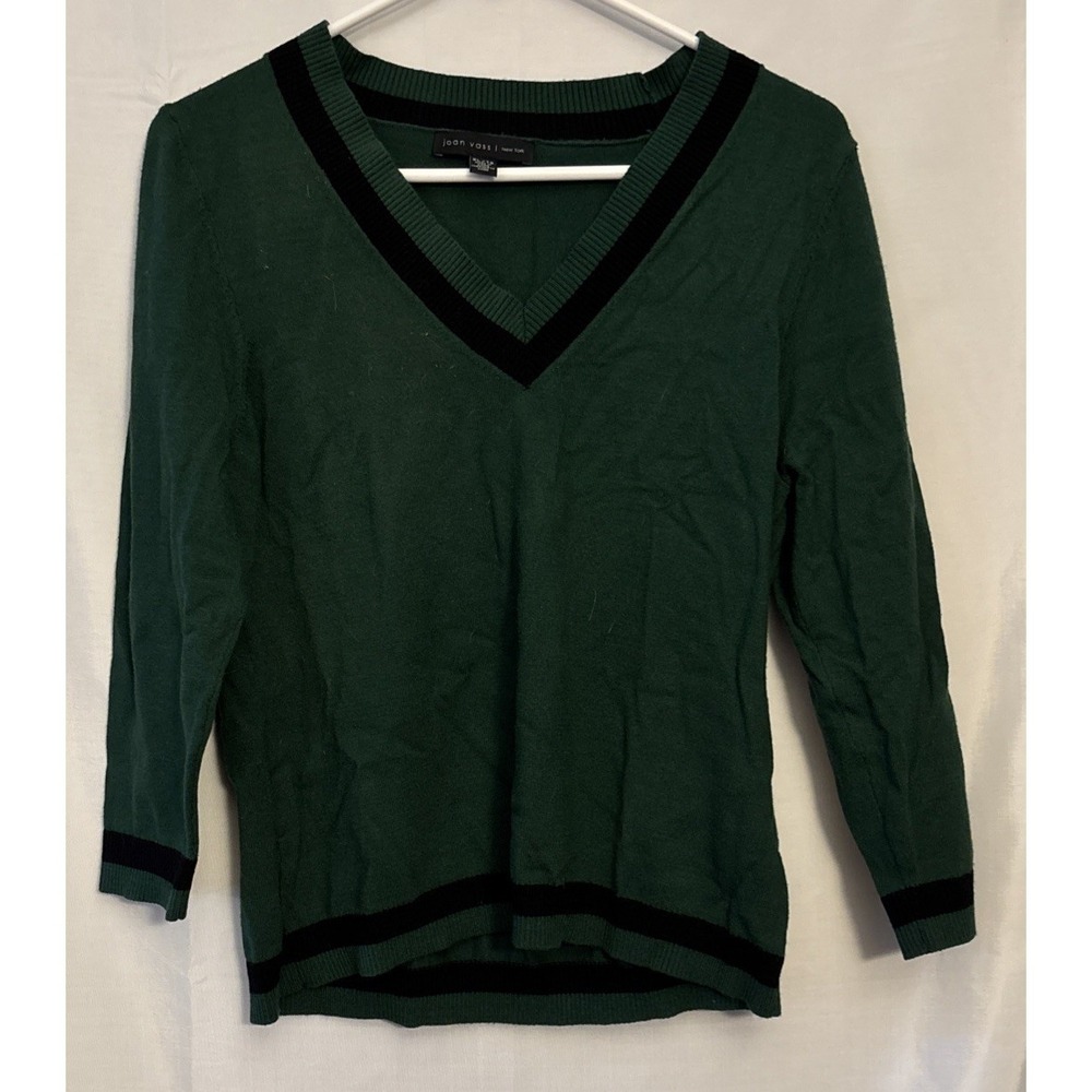Joan Vass NY Green V-Neck Sweater Women's XL Viscose Blend Varsity Tipped Trim